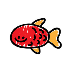 Red fish in a deliberately childish style. Child drawing. Sketch imitation painting felt-tip pen or marker. Vector illustration.