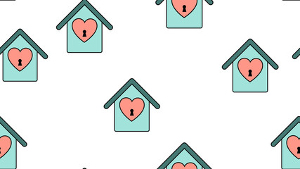 Texture endless seamless pattern of flat house icons with hearts of love objects for the feast of love Valentine's Day February 14 or March 8 on a white background. Vector illustration