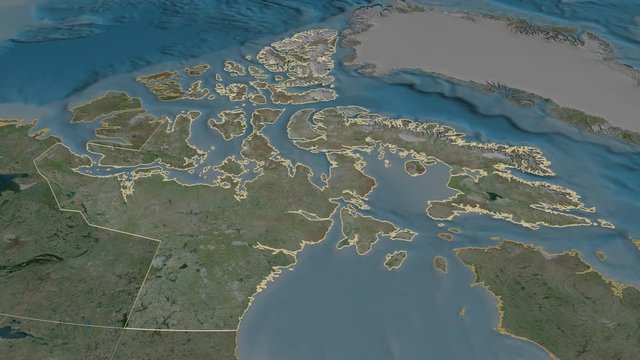 Nunavut, territory with its capital, zoomed and extruded on the satellite map of Canada in the conformal Stereographic projection. Animation 3D