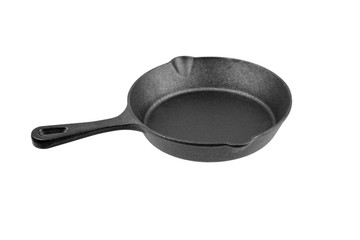 Cast iron pan with handle isolated on white background. One black empty frying skillet. Kitchen equipment, cookware