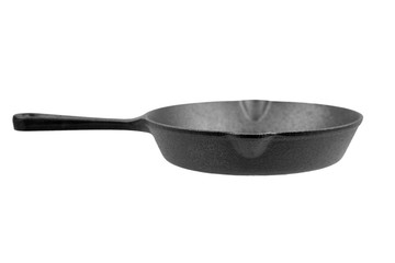 Cast iron pan with handle isolated on white background, side view. One black empty frying skillet....