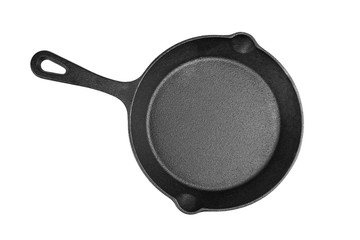 Cast iron pan with handle isolated on white background, top view. One black empty frying skillet. Kitchen equipment, cookware