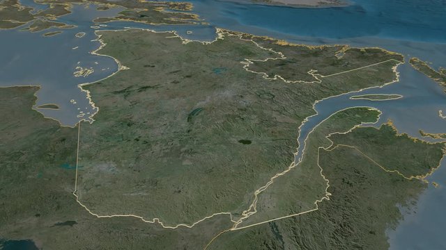 Qu&eacute;bec, province with its capital, zoomed and extruded on the satellite map of Canada in the conformal Stereographic projection. Animation 3D
