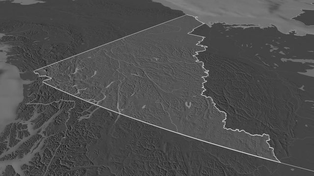 Yukon, territory with its capital, zoomed and extruded on the bilevel map of Canada in the conformal Stereographic projection. Animation 3D