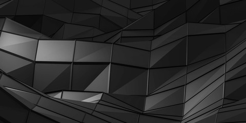 Abstract wallpaper, dark surface triangles with black wire mesh 3d render illustration