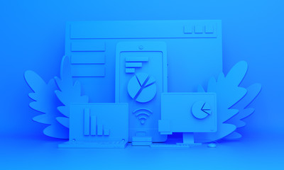 Blue Monochrome Workplace Background. Installation of objects for work in the office.