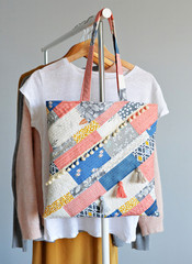 Quilted boho tote bag, white t-shirt, women's clothes 