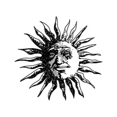 Face of the sun in vintage style. Vector illustration. Black and white graphics. Logo of the sun.