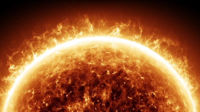 Sun Solar Atmosphere on black background. Splashes of prominences, hot sun flares on the surface. Solar animation in 4K Quality. Space view. Science footage