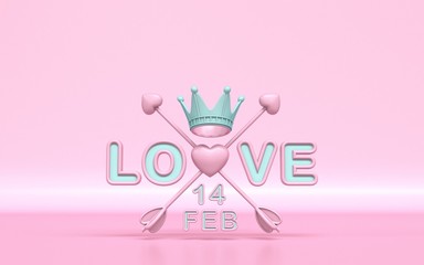 Love text with crossed Cupid's arrows and Valentine's day date 3D