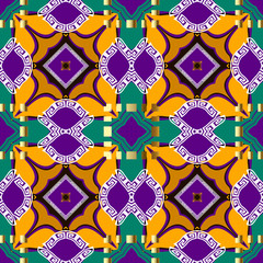 Abstract colorful greek vector seamless pattern. Geometric ornamental modern background. Repeat ornate backdrop. Greek key meanders ornament. Geometrical shapes, squares, rhombus. Bright design