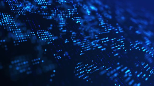 Blue colored Abstract digital matrix background. Futuristic big data information technology concept. Digital data steam flow. Virtual neural network. Motion graphic in 4K. Depth of Field effect (DOF)