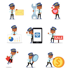 Set of character woman start in career of pilot.