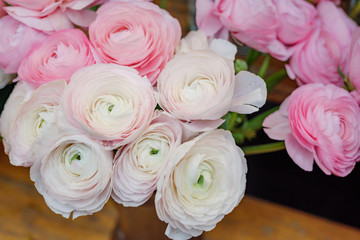 Obraz na płótnie Canvas Close up view of bouquet of pale white and pink blooming roses at florist. Vivid pastel flower in bloom. Blossom roses for Valentine day.