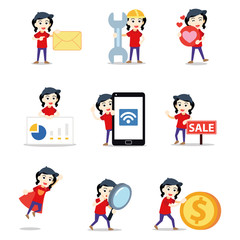 Set of character woman as pizza delivery courier.