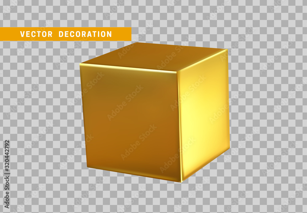 Poster cube is three-dimensional geometric shape isolated with gold color. 3d objects golden block. vector 