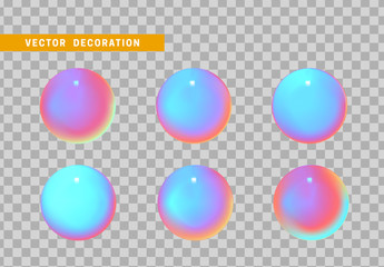 Set is three-dimensional geometric shape isolated with colorful hologram chameleon color gradient. 3d objects round ball. vector illustration.