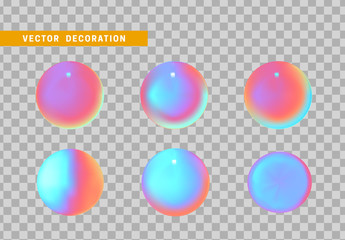 Set is three-dimensional geometric shape isolated with colorful hologram chameleon color gradient. 3d objects round ball. vector illustration.