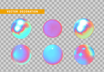 Set is three-dimensional geometric shape isolated with colorful hologram chameleon color gradient. 3d objects round ball. vector illustration.
