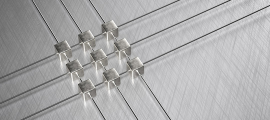cube grid on brushed aluminum background symbolizing network nodes