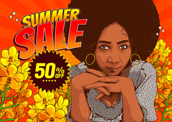 Summer Sale, Pictures of beautiful african american women staring with sexy eyes and smiling, comic style, cover template, speech bubbles, vector illustration, EPS10.