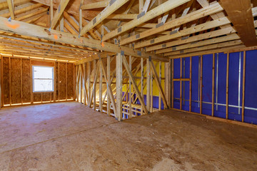 Interior view construction wall of an apartment attic of new frame new house residential