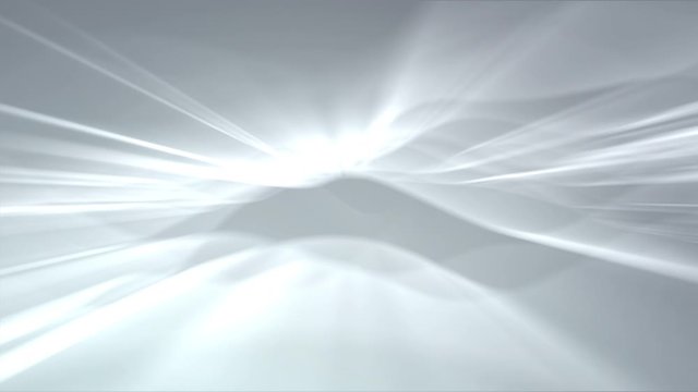 4K Looped Abstract motion background of energetic bright waves in turbulent smooth motion. Volumetric bright light or rays passing through the waves from the center on a light gray background