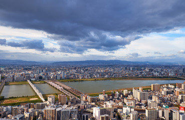 The birds eye view of Osaka city with Yodo River. Japan