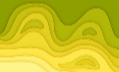 Paper cut background of yellow color. Abstract soft yellow paper poster textured with wavy layers. Carving craft. Vector EPS 10 illustration. Cover layout design template