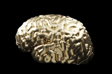 Close up Golden Brain Concept on black background. 3D Render.