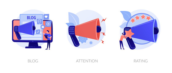 Promotion methods icons set. Popular blogger, public announcement, service quality evaluation system. Blog, attention, rating metaphors. Vector isolated concept metaphor illustrations