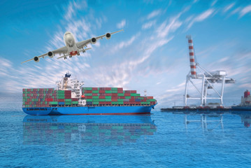 Container ship arrive sailing in the sea arrives at port Logistic import export background of container Cargo ship seaport on blue sky with Fright Transportation and a plane transport.