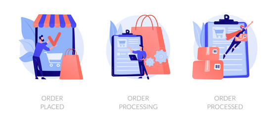 Mobile shopping app, modern online technology, internet customer service icons set. Order placed, order processing, order processed metaphors. Vector isolated concept metaphor illustrations