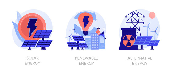 Eco friendly innovations, sustainable technology, solar panels and wind turbines use. Solar energy, renewable energy, alternative energy metaphors. Vector isolated concept metaphor illustrations