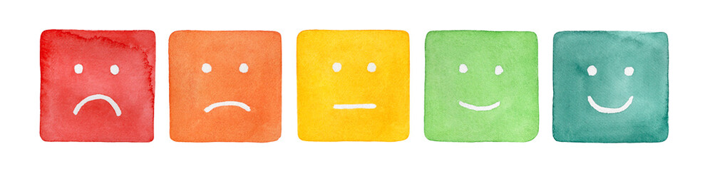 Watercolour illustration set of five simple faces with negative and positive emotion; square shaped. Hand painted water color drawing on white background, cutout clip art elements for creative design.