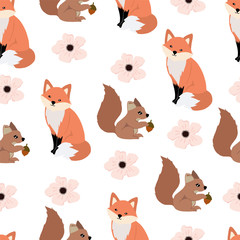 Cute woodland background with squirrel,fox.Vector illustration seamless pattern for background,wallpaper,frabic.Editable element