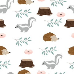 Cute woodland background with skunk,squirrel.Vector illustration seamless pattern for background,wallpaper,frabic.Editable element