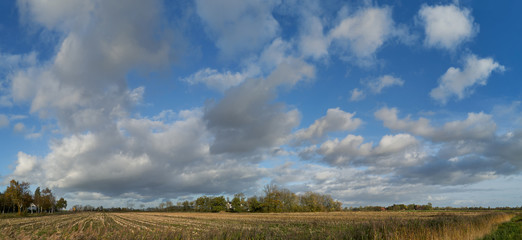 scenic panorama picture of vivid blue sky with white clouds over a harvested corn field in the district Wesermarsch (Germany)