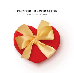 Gift Boxes Vector. Festive Realistic Objects. Red Gift Box tied ribbon bow from string fabric silk beige. Romantic Holiday Presents Heart shape
