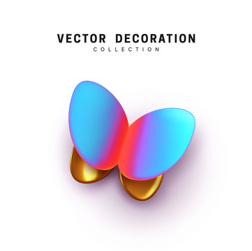 Abstract 3d butterfly. Vector Elegant Butterflies. Insects moth volume shape. Natural Design Elements. Gradient holographic and golden color.