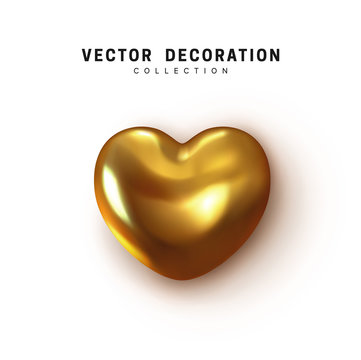 Gold Heart realistic decoration 3d object. Romantic Symbol of Love Heart isolated. Vector illustration