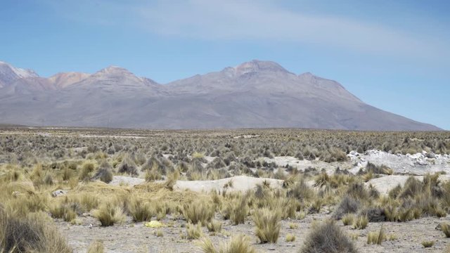 Panoramic view of rough dry landscape scenery in the highlands of the Andes Mountains in Peru between Arequipa, Chivay and the Colca Canyon.