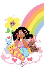 Cute girl in pastels sitting on a cloud with a rainbow around her. She is surrounded by flowers and plushies.