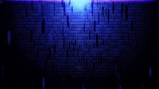 3D Big Data Icon Spinning in Hexagon Border Hovering on The Random Binary Code Background with Blue Lighting