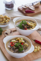 mushroom soup in a white plate and crackers