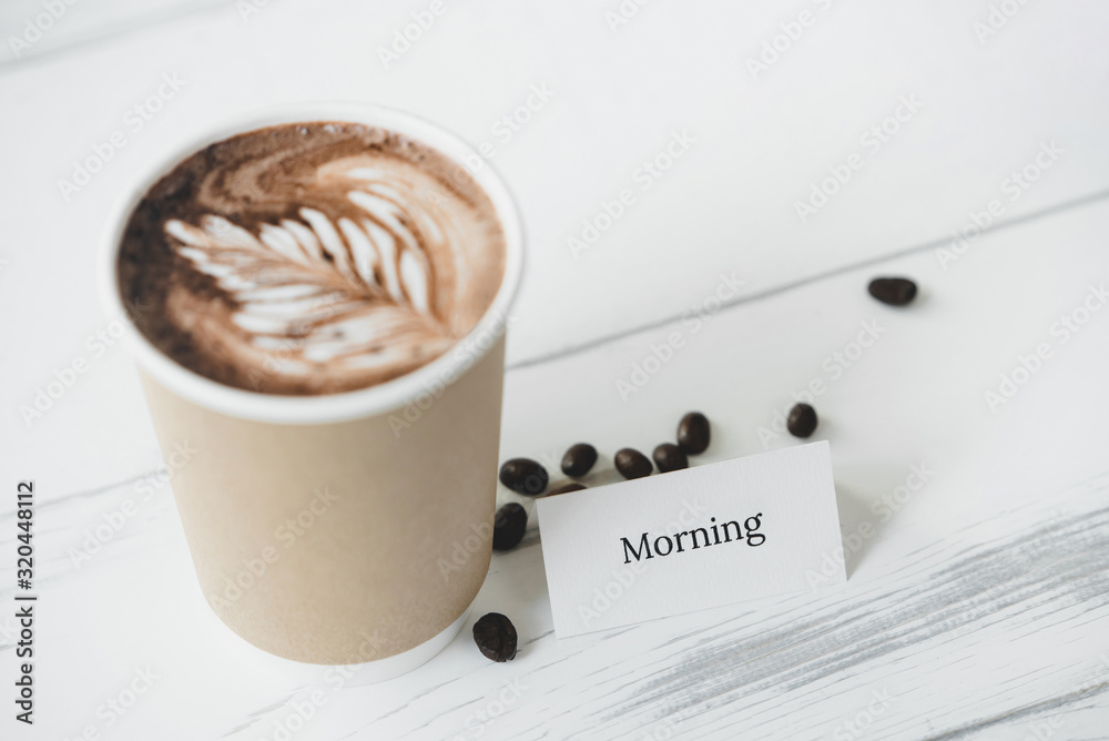 Wall mural greeting card with fresh brewed latte art coffee in take away cup