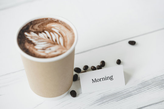 Greeting Card With Fresh Brewed Latte Art Coffee In Take Away Cup