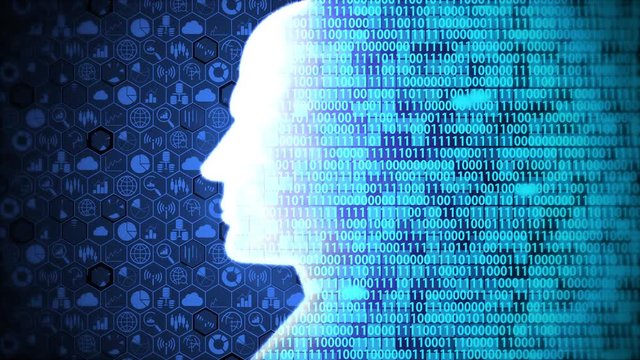 Futuristic AI/Human Head Computing and Thinking Big Data Icon set and Binary Code Background