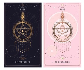 PAGE OF PENTACLES . Minor Arcana secret card, black with gold and silver card, pink with gold, Tarot cards. Sign of the magic pentacle with inscriptions. Isolated vector illustration on a white backgr - obrazy, fototapety, plakaty