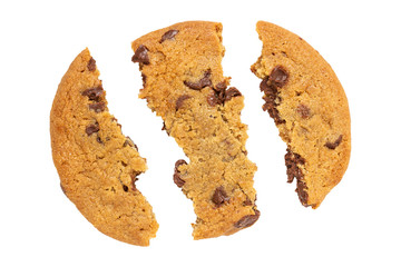 Cracked chocolate chip cookie isolated on white background